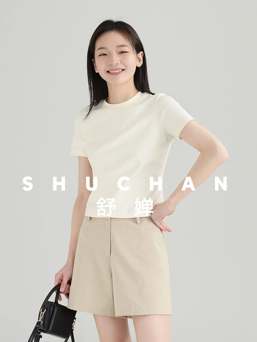 

Новая короткая футболка, летняя однотонная эластичная тонкая белая футболка с круглым вырезом, 260 г, женская весенняя универсальная футболка с Т-образным низом