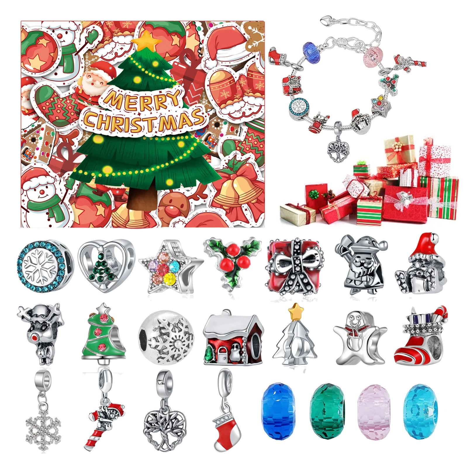 24 Days Countdown Christmas Advent Calendar Box Christmas Bracelet Making Kit (2 Bracelets And 22 Accessories) Christmas Gifts