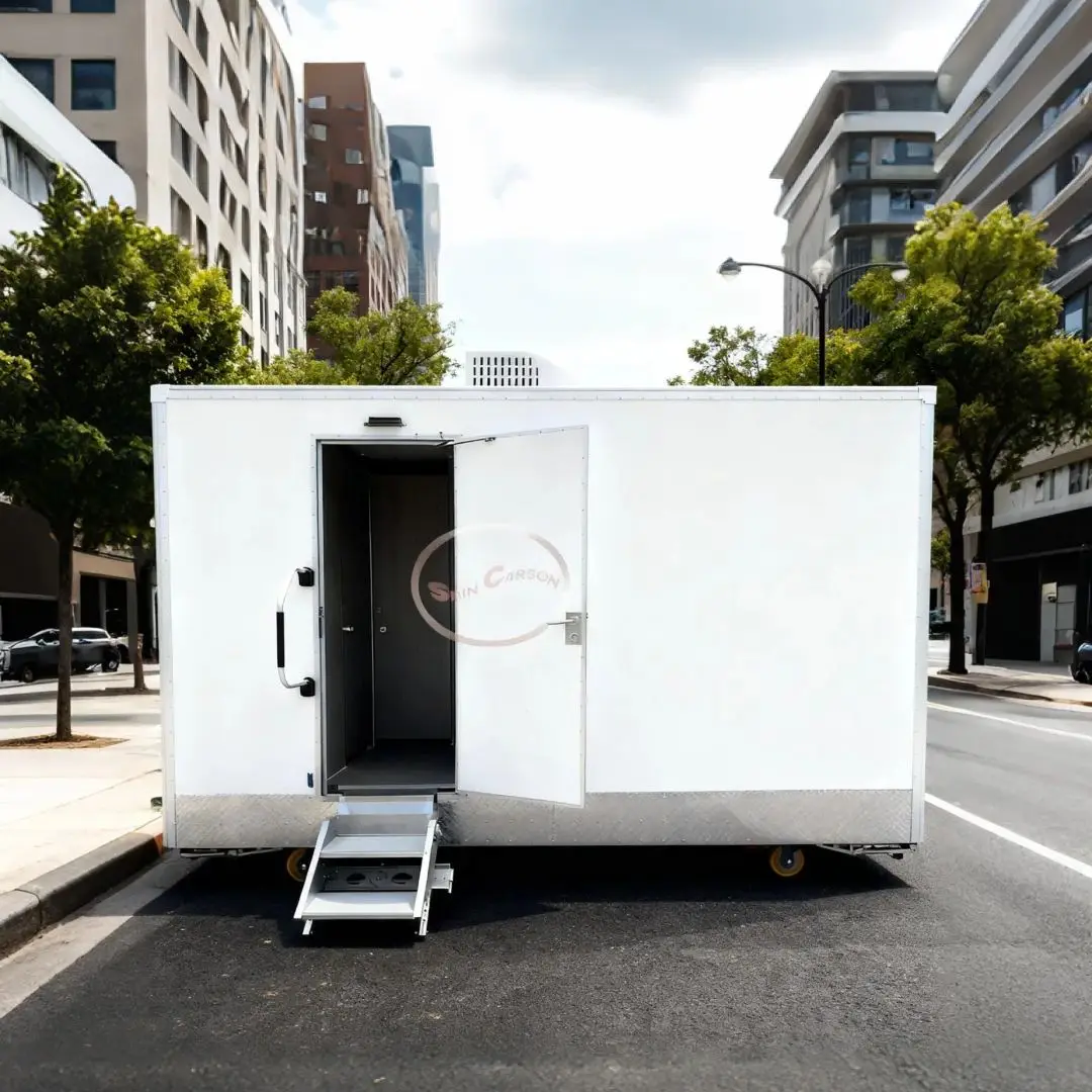 White Outdoor Mobile Toilet Box Independent Bathroom Double Sink Light Wood Interior Ventilation Comfortable Washing Area