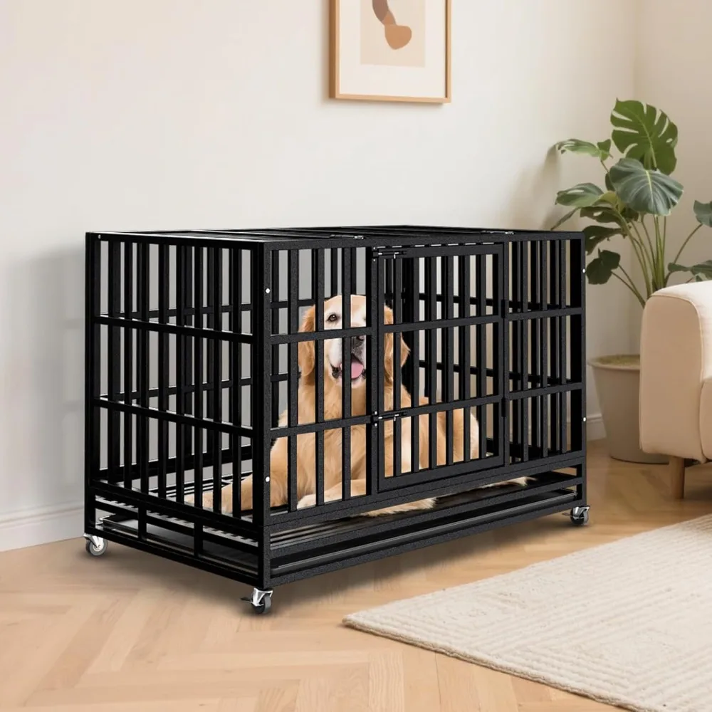 

48 Inch Heavy Duty Dog Crate Kennel with Wheels, High Anxiety Indestructible Dog Crates for Large Dogs,Large Dog Crate