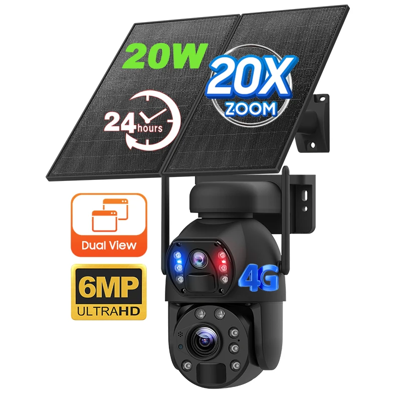 

New Arrival 20w Solar Panel With 20X Zoom Outdoor 4G Solar Camera 20000mAh Batteries 24h Recording For Farm Solar Cameras
