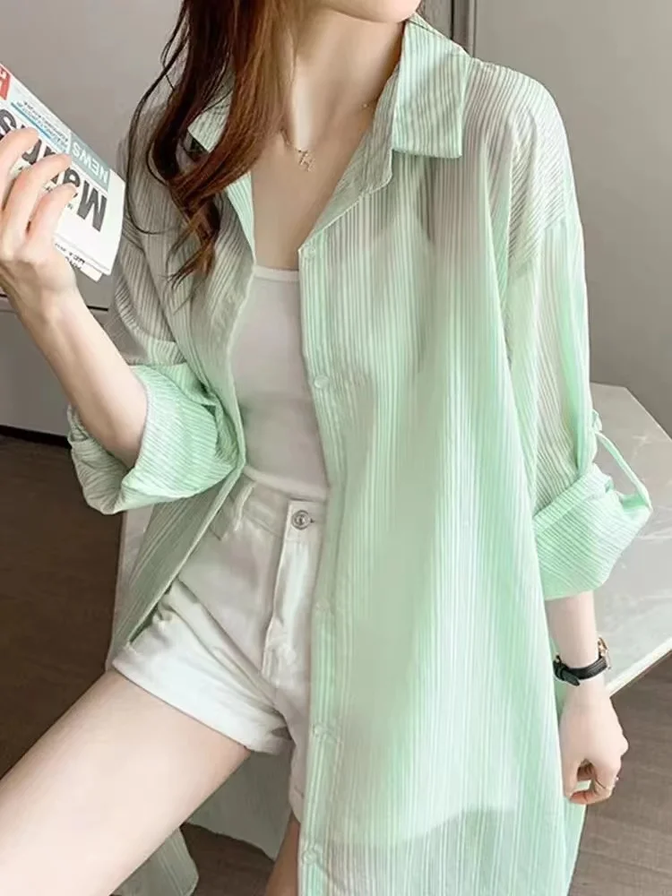 

Summer High-End een Chiffon Women's Sun Protection Clothing with Strap Vest Top Korean Sle Collar Long Sve Loose Fit