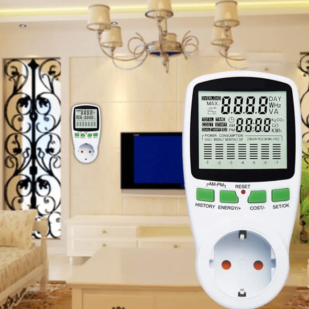 

Digital LCD Display Power Meter Plug Intelligent Electricity Usage Monitor Eu Energy Voltage Amps Consumption Analyzer