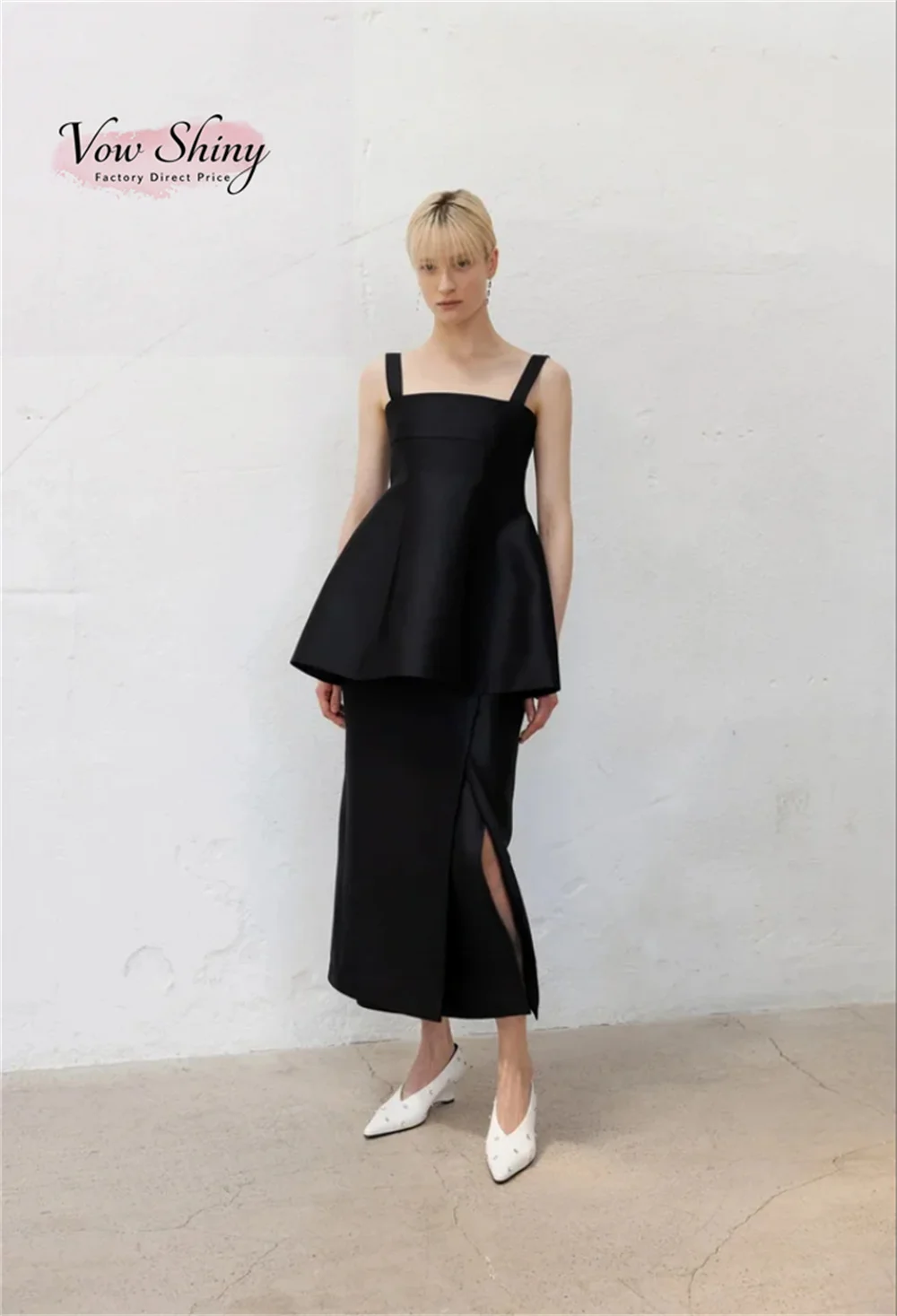 Vow Shiny Modern Black Two Piece Satin Square Collar Korea Style Photo shoot Straight Ankle-Length Party Dress Customized