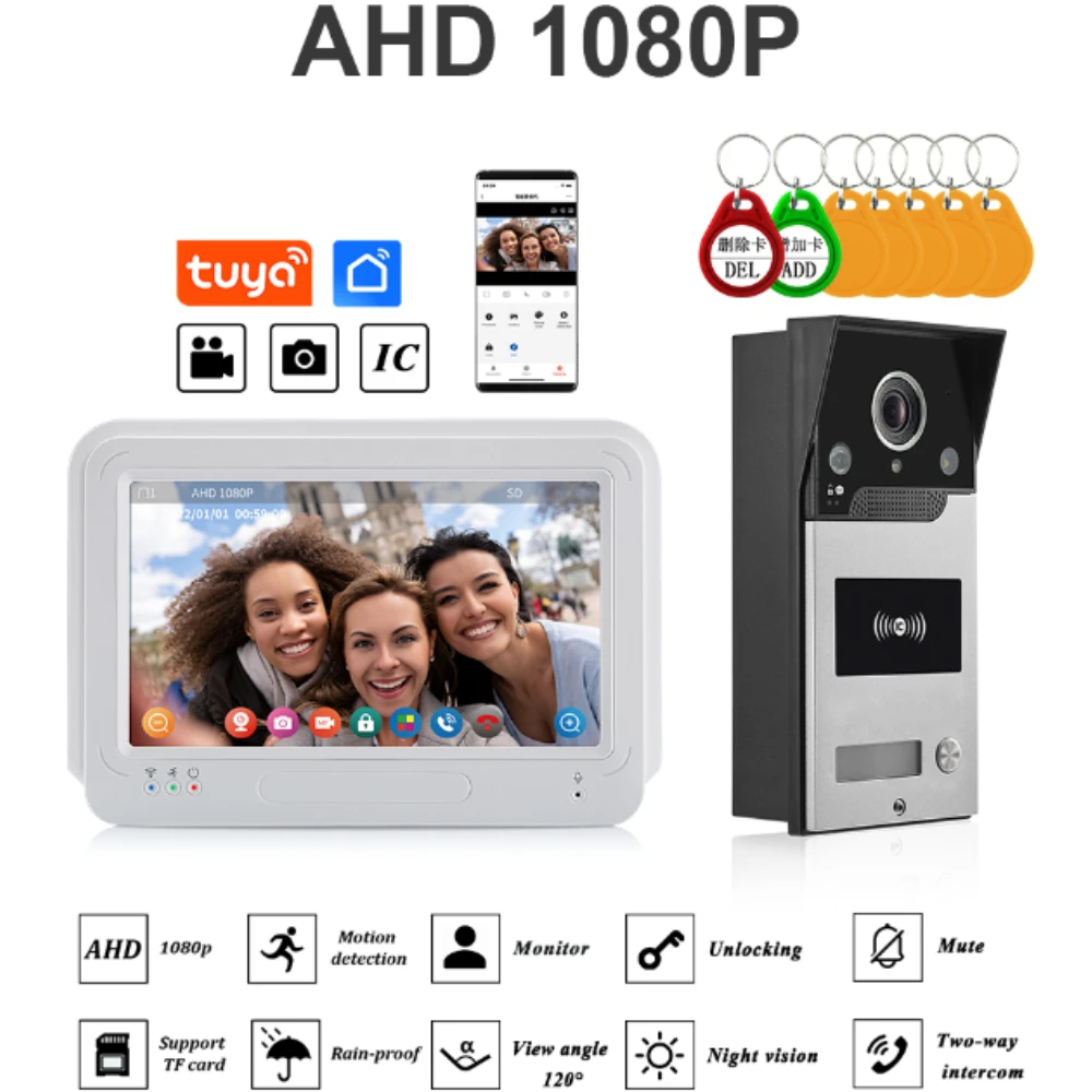 NEW Touch Screen AHD 1080p Video Intercom for Home Apartment Security Doorbell  IC Card Wifi Tuya 7 Inch Monitor