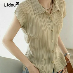 Women's Clothing Y2K Chic Elegant Pleated Button Up Shirt Summer Stylish Solid Slim Short Sleeve Office Lady Casual Blouse Blusa