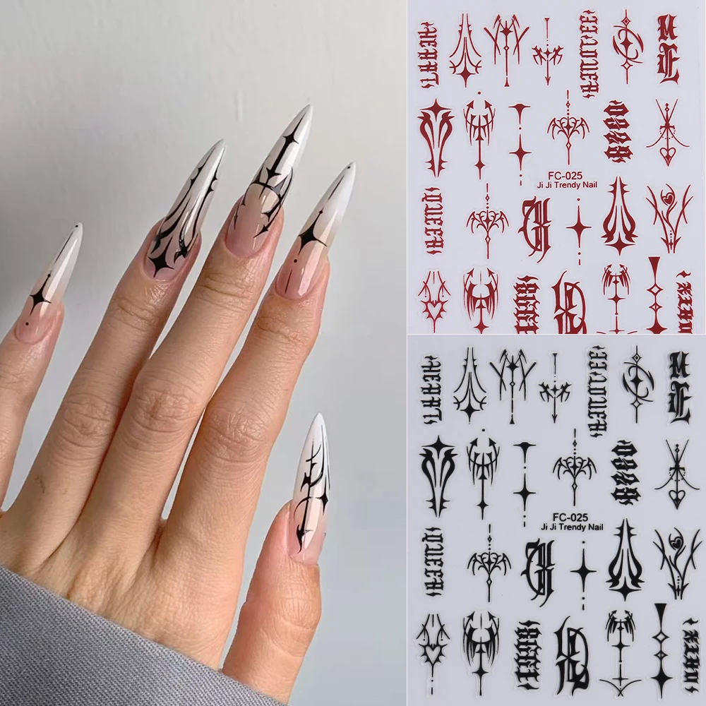 

Наклейки для ногтей FC-025 в готическом стиле, темный абстрактный дизайн с символами алфавита и цифрами + розовые, черные узоры для ногтей-стилетов, дерзкий стиль