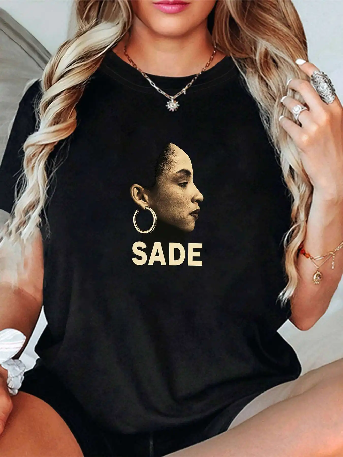 

【1147367】Plus size women's round neck short sleeve T-shirt with elastic half sleeves and trendy prints