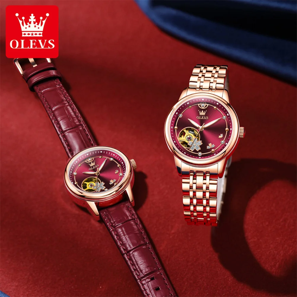 OLEVS 6732 New Womens Watch Original Luxury Skeleton Mechanical Watches Waterproof Luminous Watches For Women Set Bracelet Gift