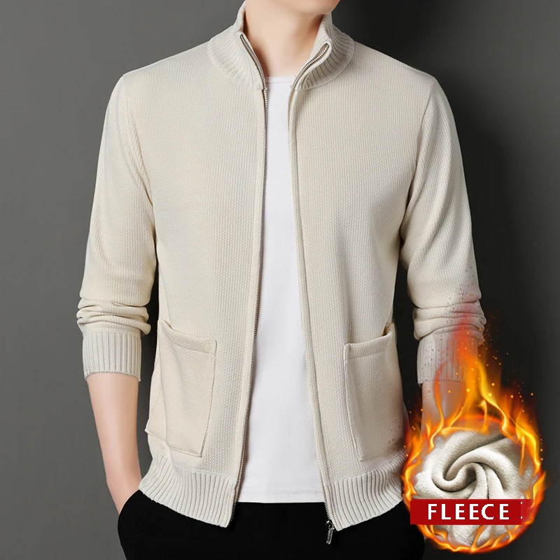 

New Winter Men's Fleece Cardigan Knit Sweater Coat Casual Knitted Jacket High Quality Male Clothing Beige