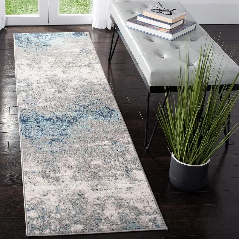 Brentwood Collection 2' x 22' Light Grey/Blue BNT822F Modern Abstract Non-Shedding Living Room Bedroom Runner Rug