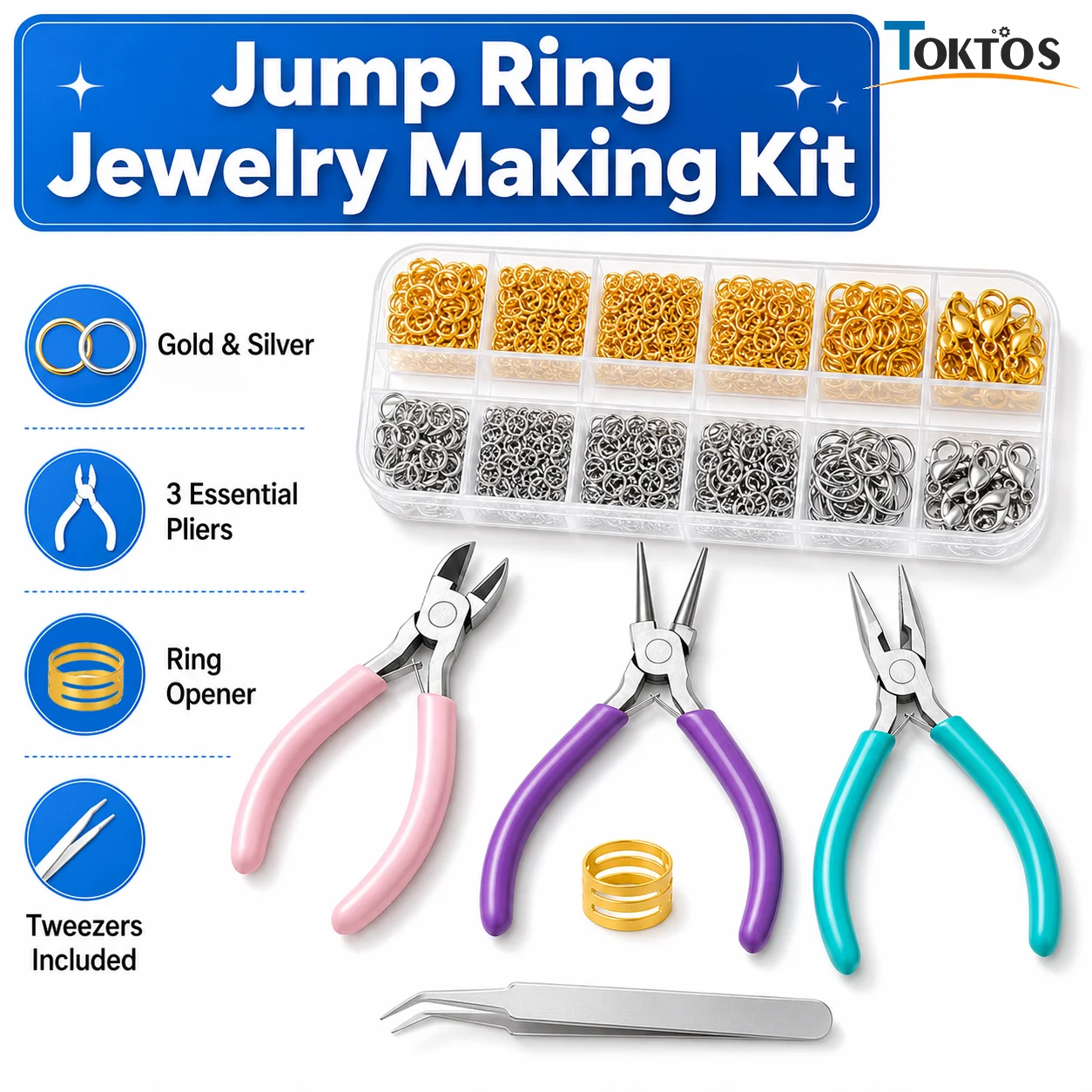 TOKTOS 6PCS Jewelry Making Repair Tool Kit Jump Rings Organizer Box Needle Nose Pliers Wire Cutter Ring Opener Tweezers