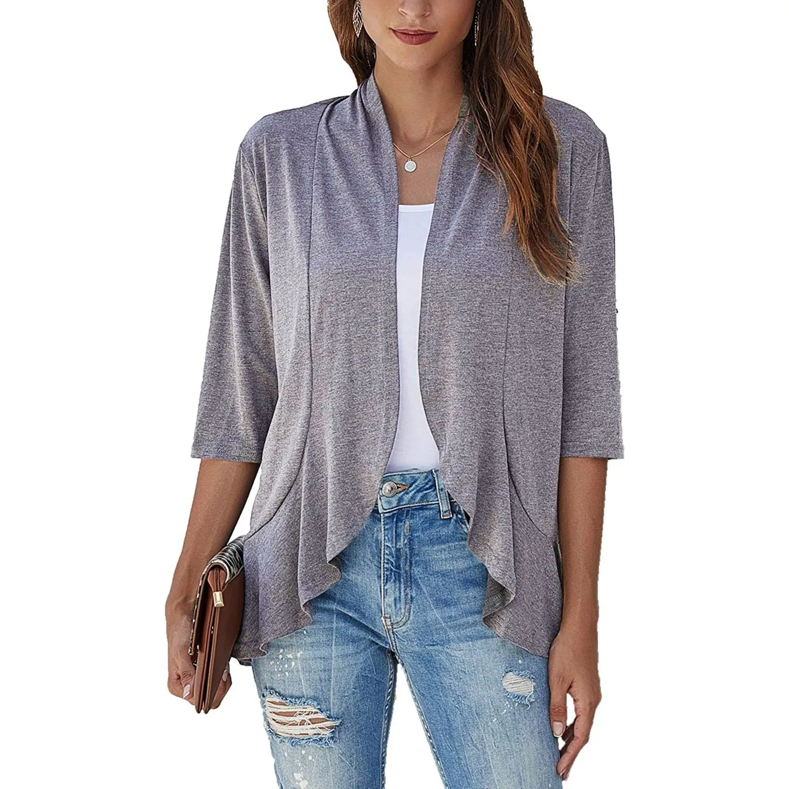 2024 Spring Summer Women Hollow Out Cardigan Female Beach Boho Tops Three Quarter Sleeve Solid Color Sunscreen Shirt Clothing