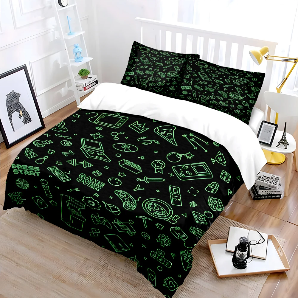 Game-themed doodle pattern Bedding Set for Kids Luxury Gift 3pcs Digital Print Comforter Set Soft Comfortable Breathable
