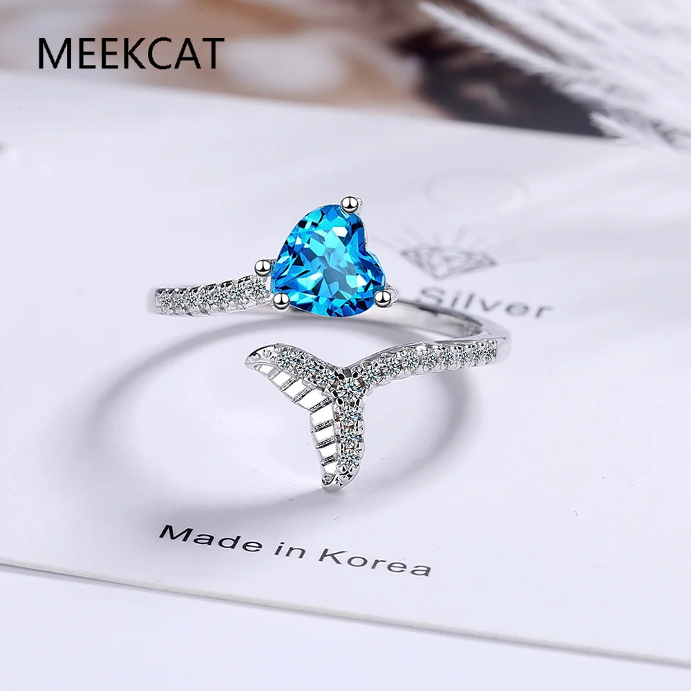 

Heart Natural Sky Blue Topaz 925 Sterling Silver Mermaid Fishtail Open Ring Anillos for Women Gemstone Jewelry Wedding Gifts