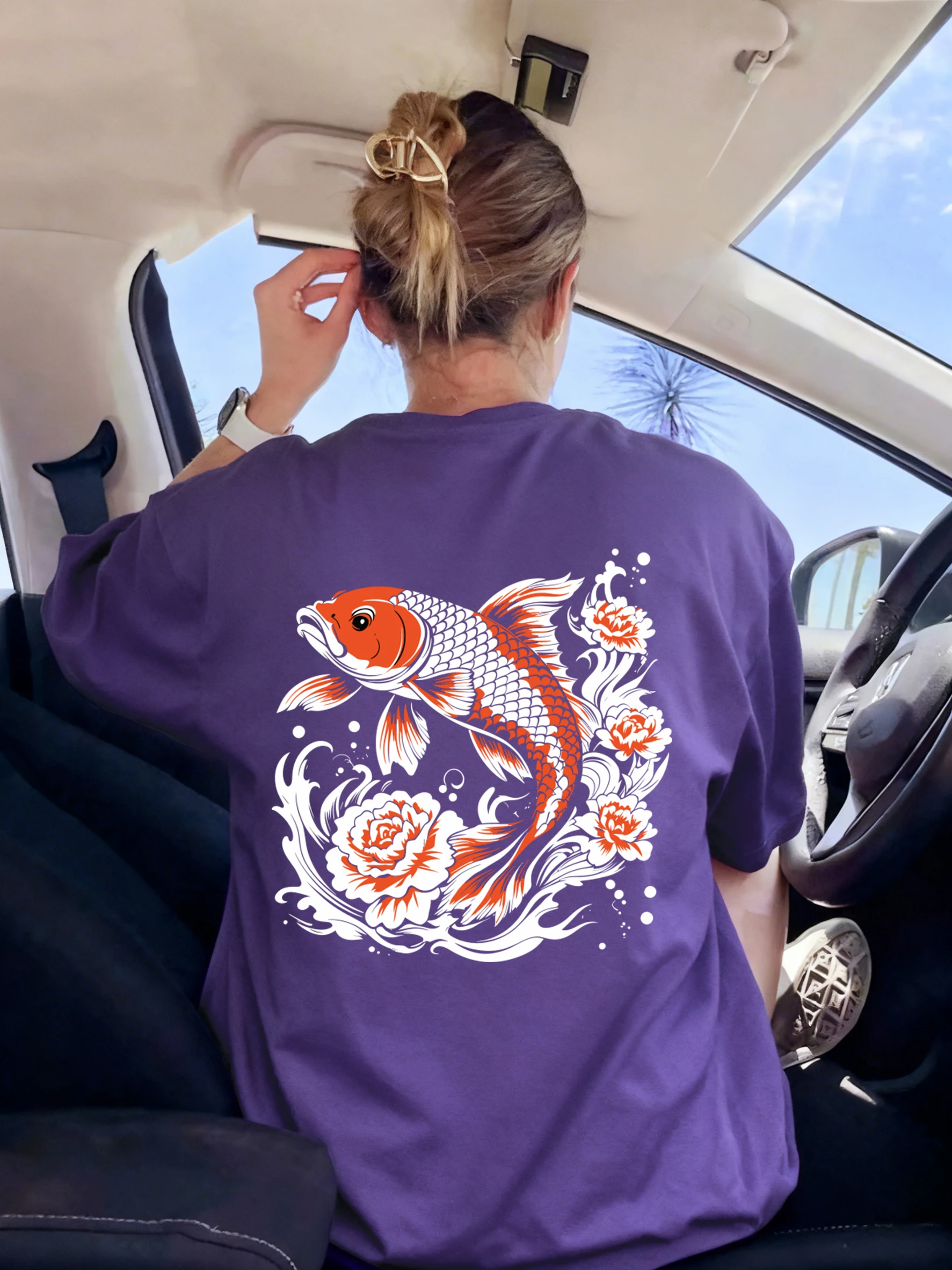 

Japanese Harajuku Creative Lotus Koi Printed Women T Shirt Summer Comfortable T-Shirt Casual O-Neck Clothes Hip Hop Short Sleeve