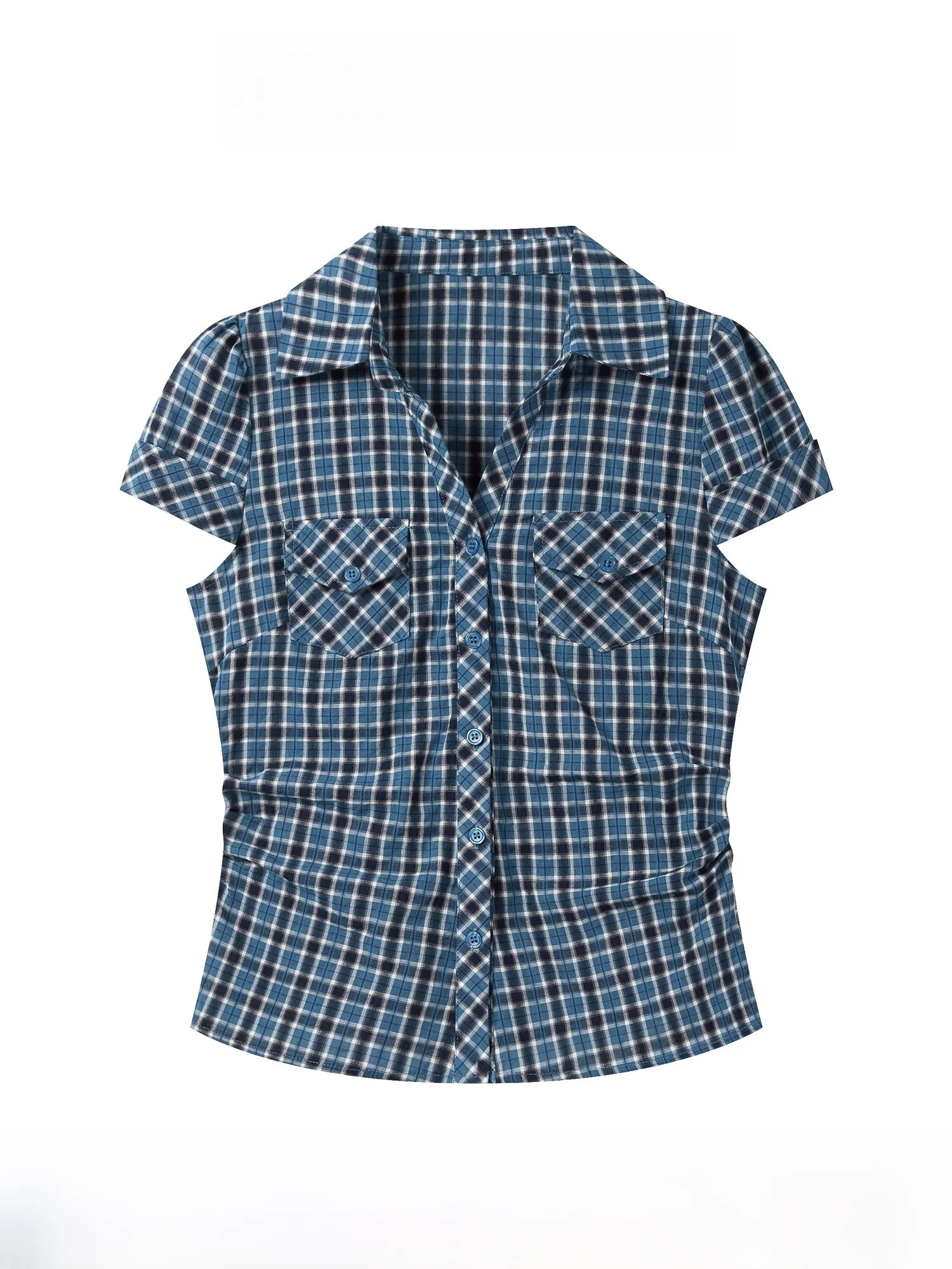 

Синяя клетчатая рубашка с коротким рукавом, приталенного кроя, женская, с воротником, из дышащего хлопка, летняя, модная, для повседневной носки.
