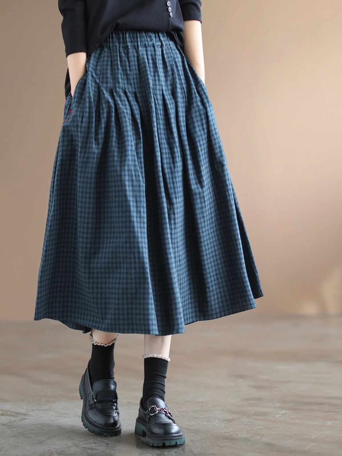 

High Waist Plaid Cotton Linen Casual Skirt Women's plus Size Loose Slimming Skirt Spring Autumn Seasonal Commute Sle