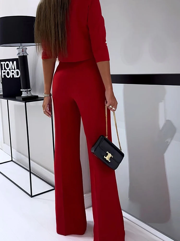 Drauuing 2 Pieces Sets Elegant T Shirts Half Sleeve And Wide Leg Pant Outfits Women Solid 2 Pant Sets For Women Casual Fashion