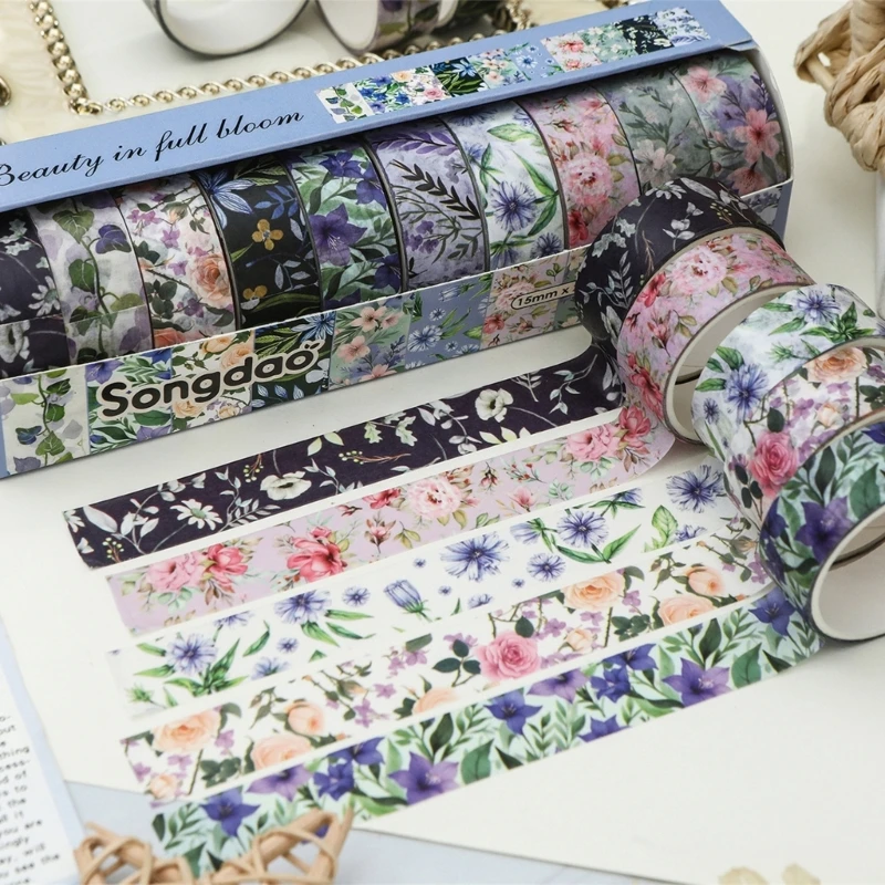 10Pieces Aesthetic Flower Pattern Tape Background Masking Tape Scrapbooking Decorative Tape for Notebook Journal Planner D2RC