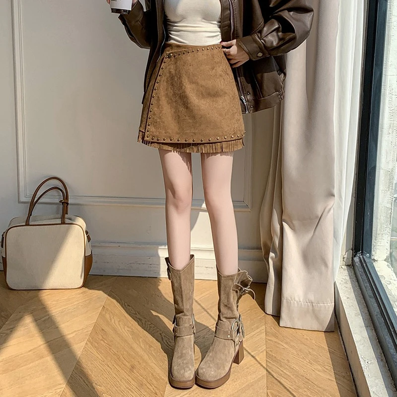 Seoulish High Waist Velvet Bohemian Rivet Women's A-line Short Skirt Tassel Autumn Winter 2025 New Skater Sexy Mini Skirt Female