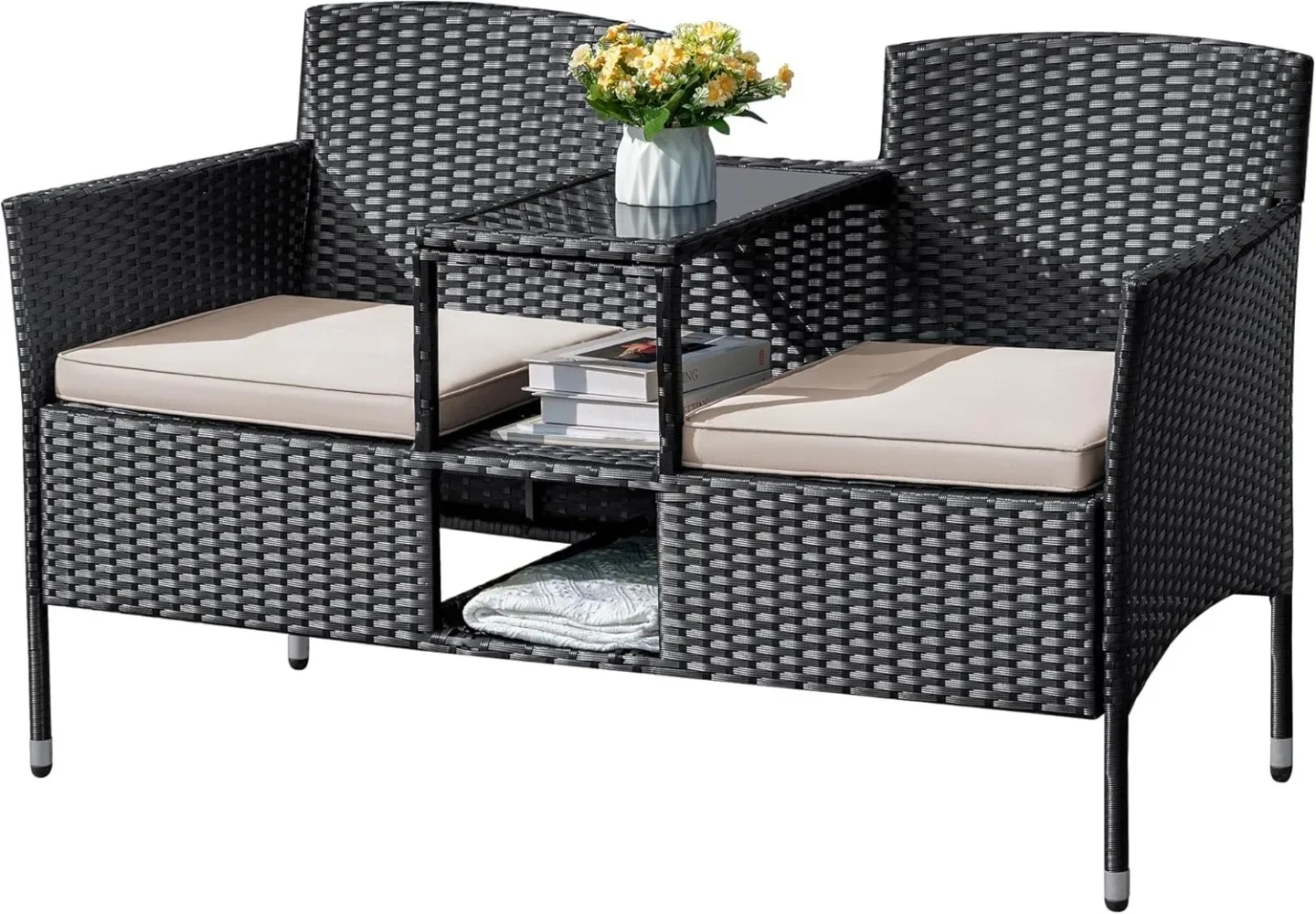 Mobília ao ar livre pátio loveseat vime 2 lugares com mesa embutida e almofadas rattan varanda cadeiras banco para varanda, gramado bege