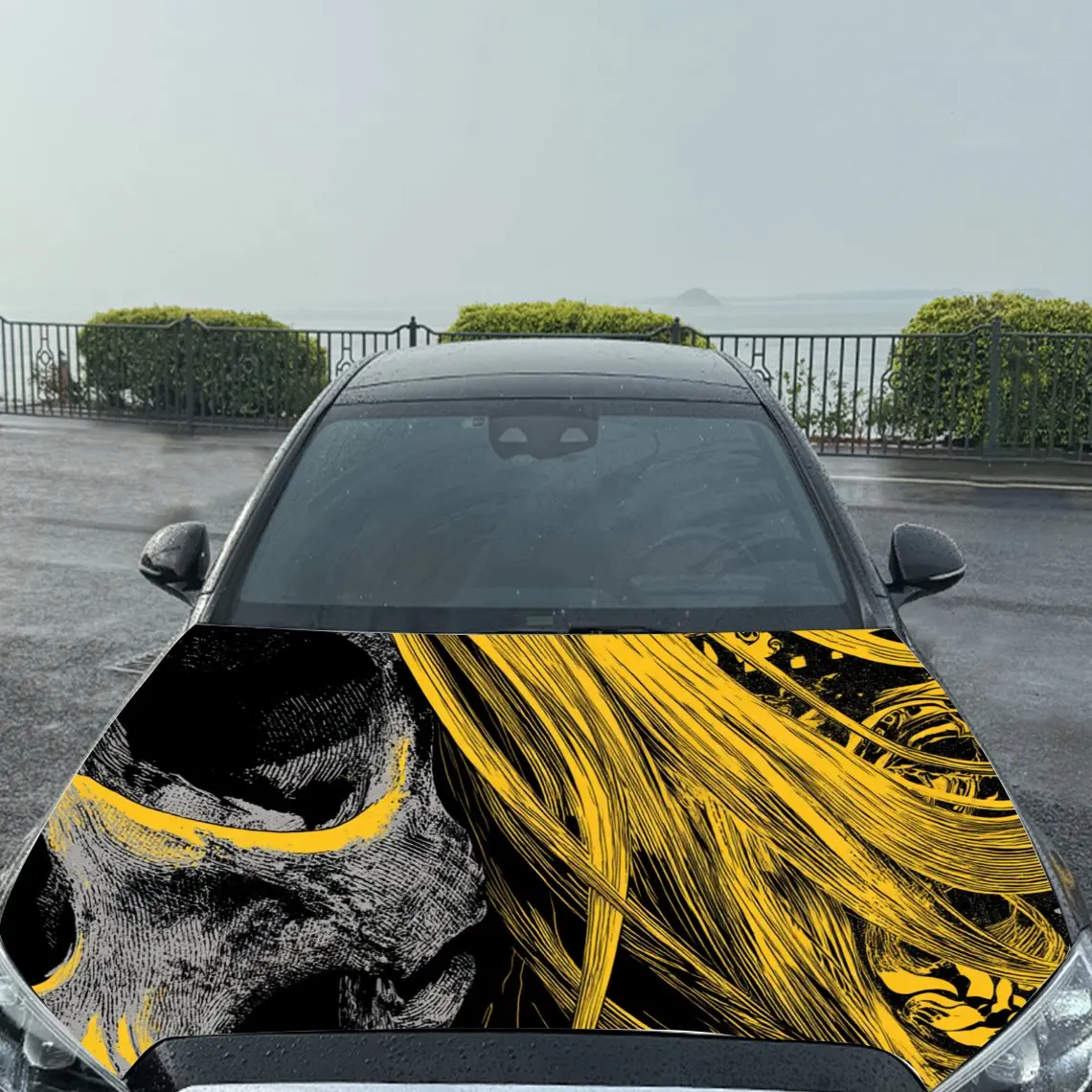 ملصقات غطاء رأس السيارة على شكل جمجمة صفراء مرعبة - لفافة فينيل ذاتية اللصق ومقاومة للماء ومتينة، وتزيين وحماية C الخاصة بك #5