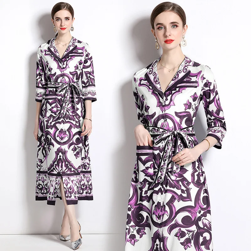 Falda larga holgada Midi irt Dr Purple Cercs con estampado esmaltado f Sve, falda larga de otoño con cuello a medida, ropa Faion para mujer