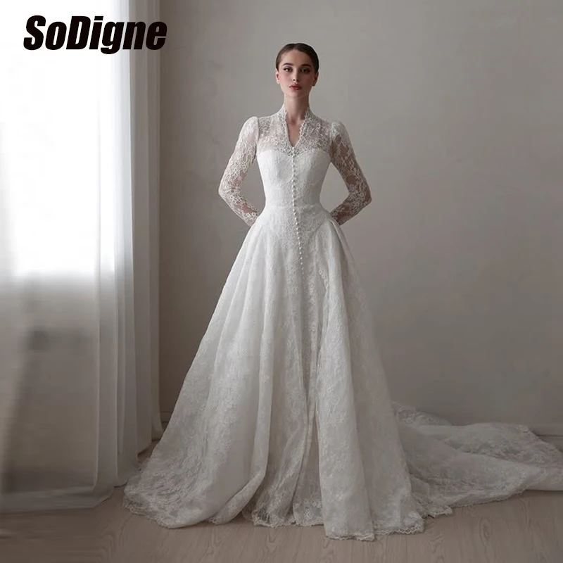 

﻿ SoDigne A-line Lace Wedding Dresses V-neck Full Sleeves Bridal Dress 2026 Boho Long Bride Gown vestidos de novia Customized