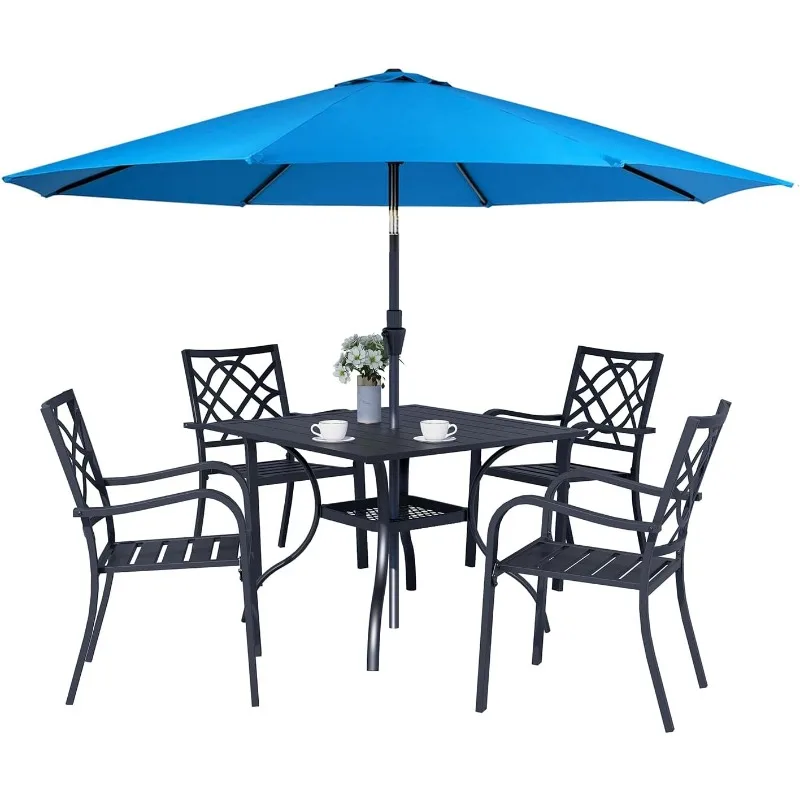 5-Piece Outdoor Wrought Iron Chairs and Table Patio Dining Furniture Set - 4 Stackable Metal Chairs