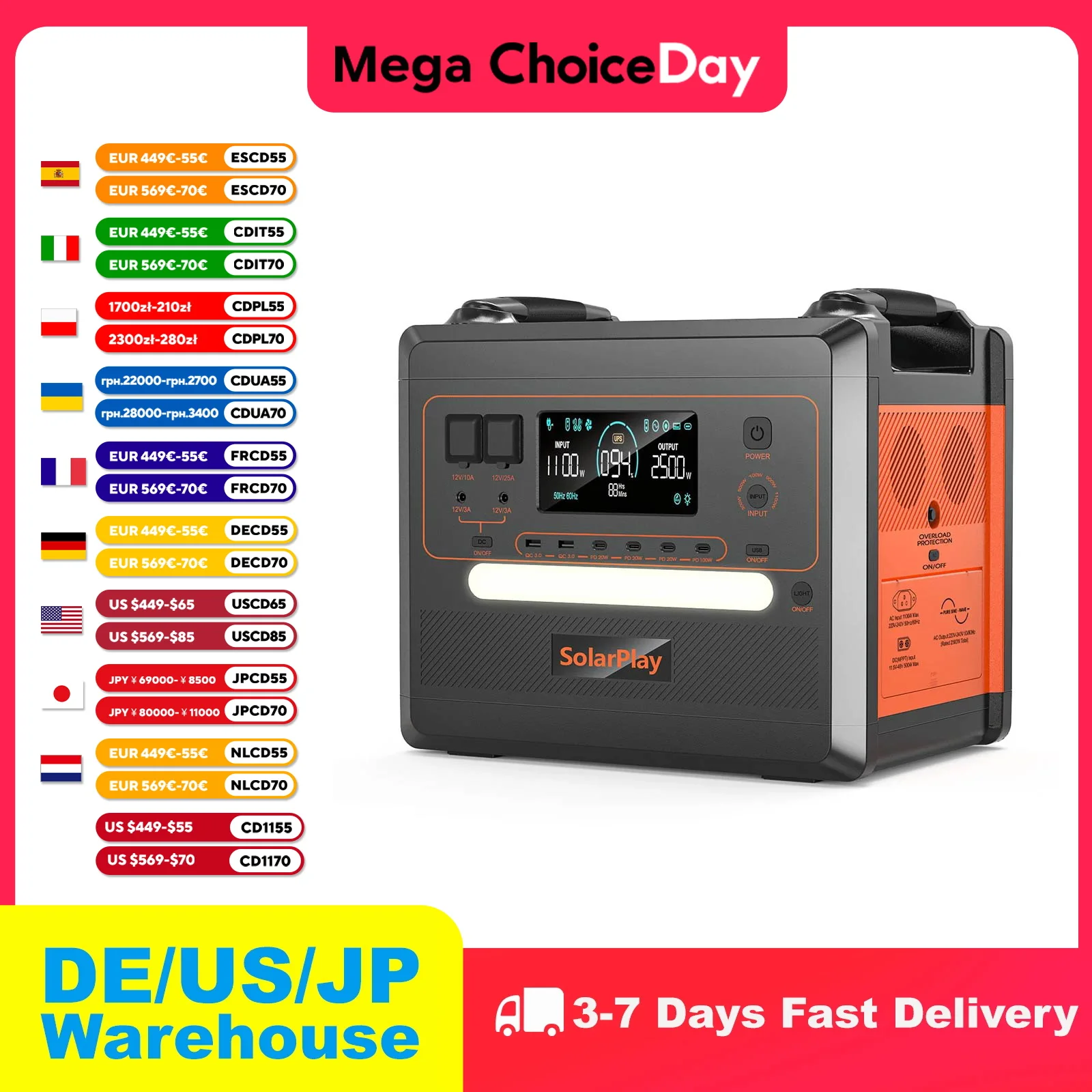 

Электрическая электростанция SOLARPLAY 2500 Вт Q2402M, накопитель энергии, 2304 Втч, домашний аккумулятор Lifepo4, режим ИБП, аксессуары для кемпинга, уличный