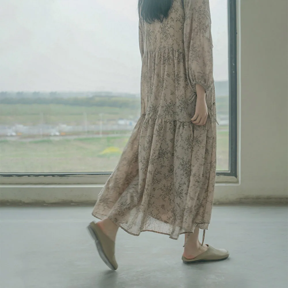 Französischer Stil Baumwolle Casual Wrap Before Floral Boho Lange Kleider Damen Puffärmel Sommerfalte Strandtunika Elegantes Turmkleid