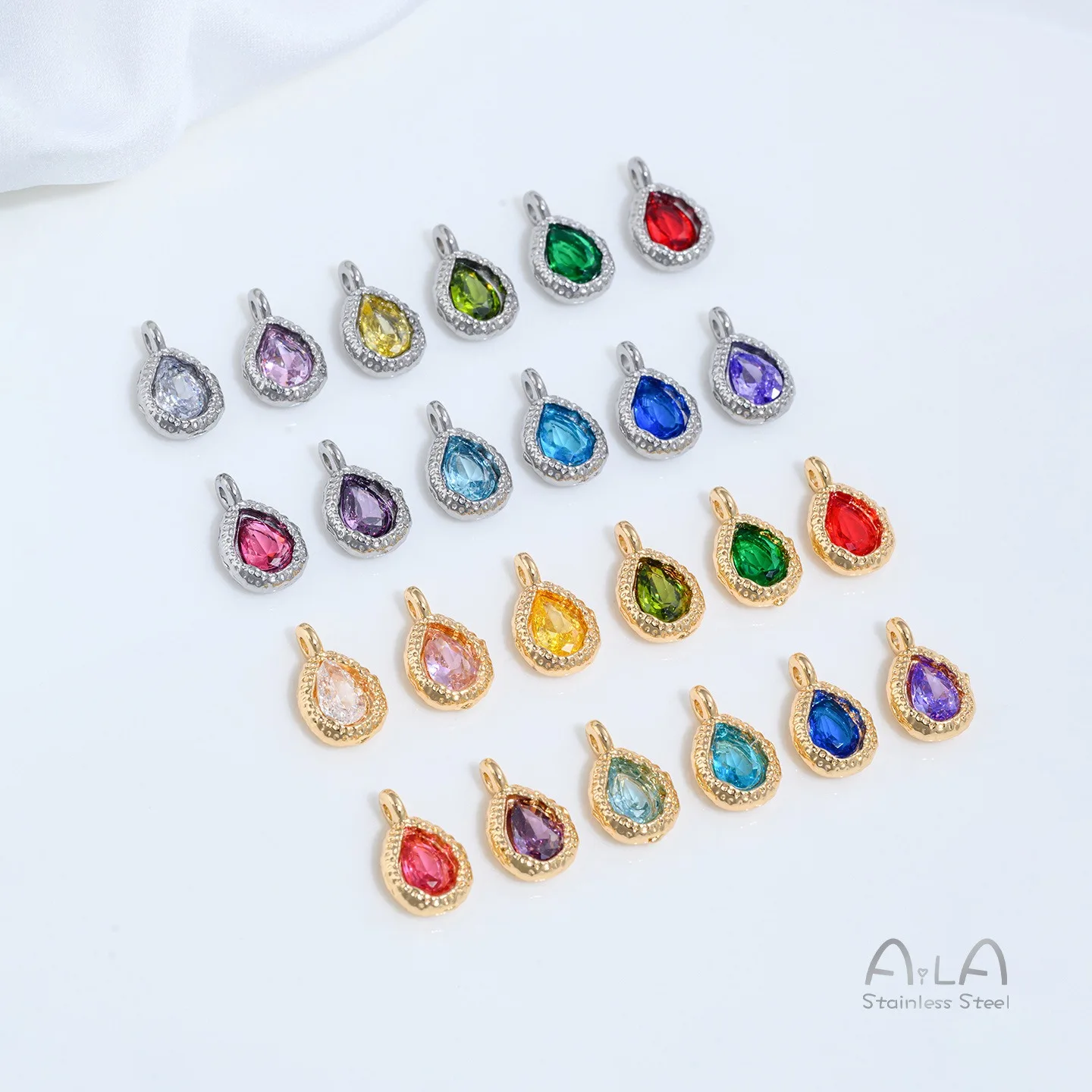Colorfast Titanium Steel Teardrop Pendants Inlaid With Colored Zircon 12 Birthstones DIY Bracelet Necklace Accessories