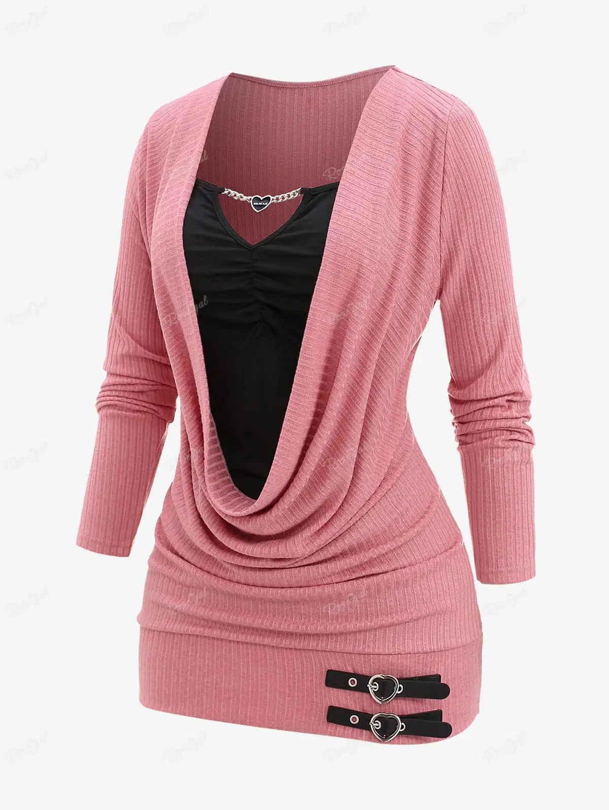 ROSEGAL Plus Size Buckles Chain Panel Ruched Textured T-shirt Women Autumn Winter Casual Tops Light Pink Ribbed Tees