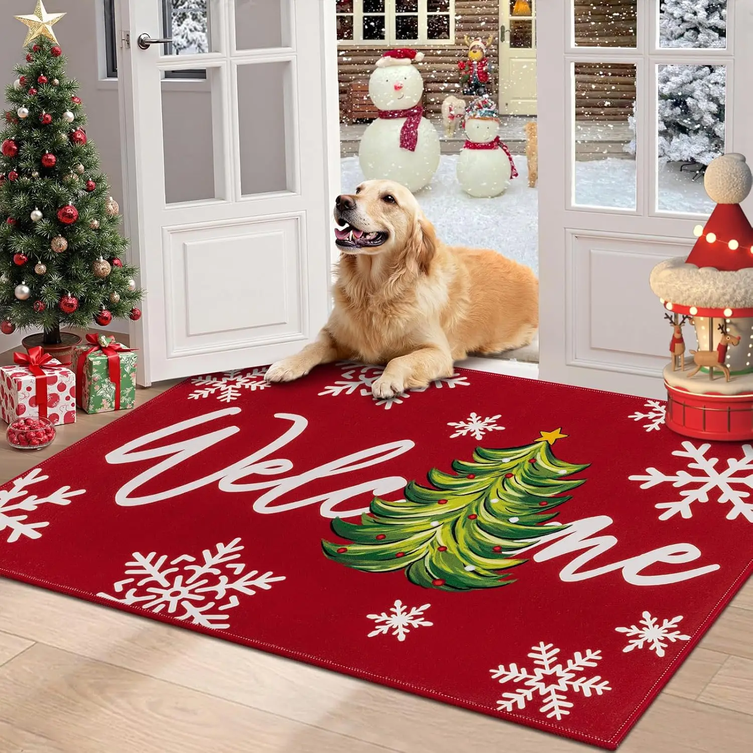 Christmas Welcome Doormat, Non Slip Red Christmas Tree Front Door Mats for Entryway Indoor Outdoor, Washable Low Profile Floor