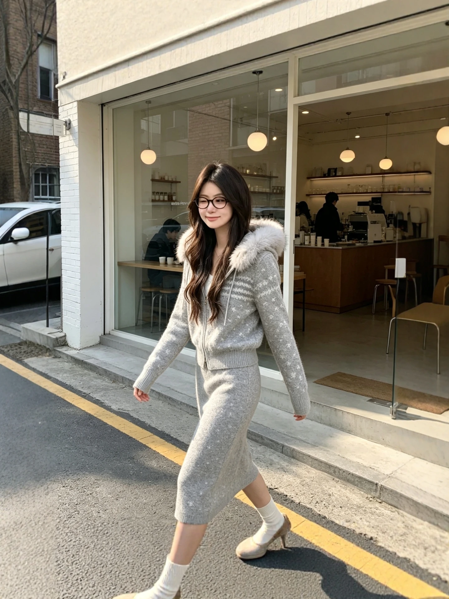Fur Collar Zipper Knitted Sweater Coat Women's Autumn Winter Thickened Short Cardigan Vintage Style Casual Loose Fit Travel F...