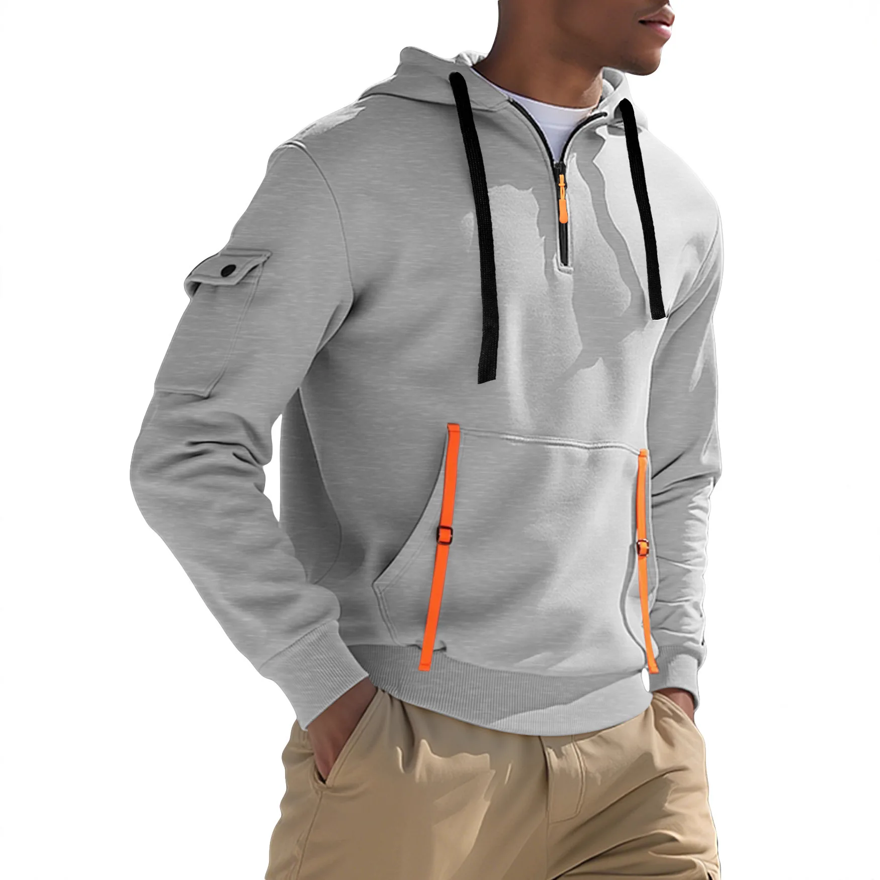 

Men's Solid Color Hooded Sweatshirt Casual Zipper Pocket Sportswear Jacket with Drawstring