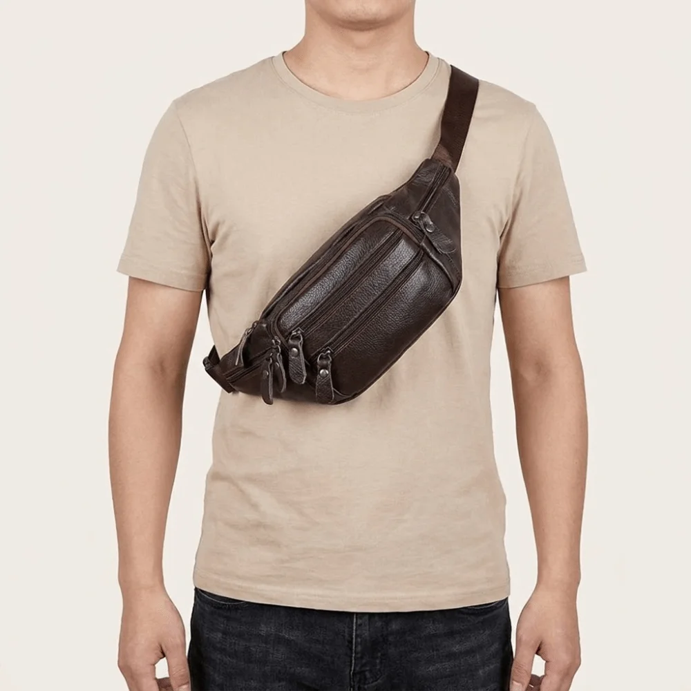 Solid Color Genuine Leather Fanny Bag Multi-layered Waterproof Men's Chest Pouch Large Capacity Wear-resistant Travel Waist Bag