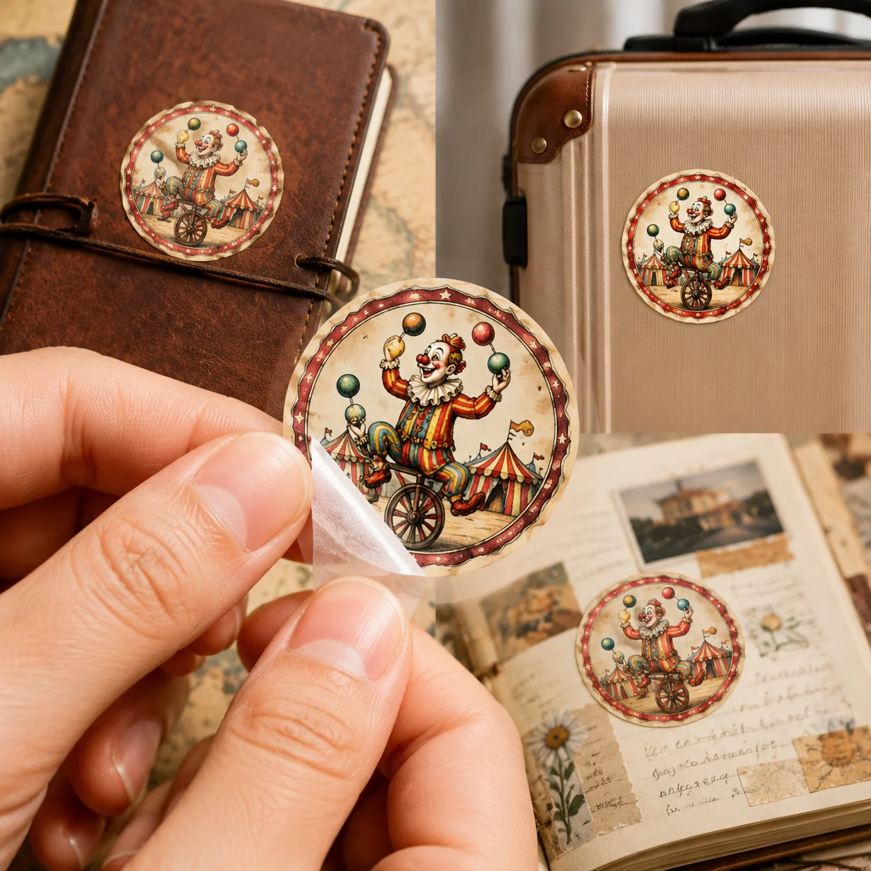 50 Pcs Vintage Circus Cartoon PET Stickers Waterproof Decorative Sticker Set Non Repeating Designs for Journals, Scrapbooks,