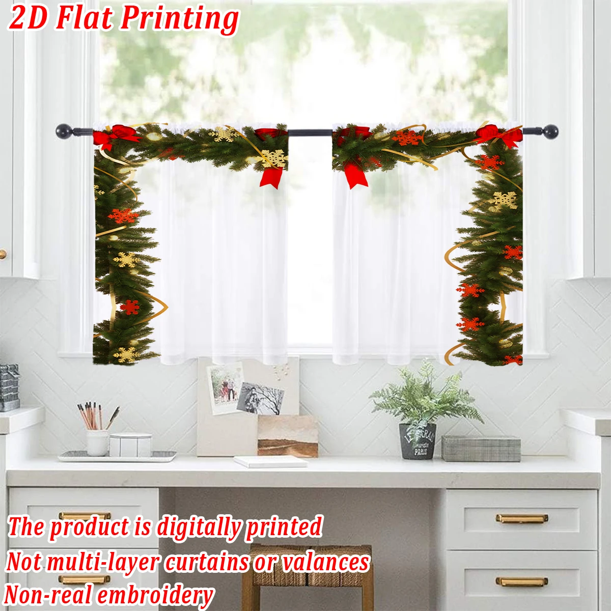 ستارة شفافة للمطبخ بطباعة مسطحة لعيد الميلاد مع زخرفة ندفة الثلج لعيد الميلاد فرع الصنوبر لحفلات ديكور المنزل في عيد الميلاد