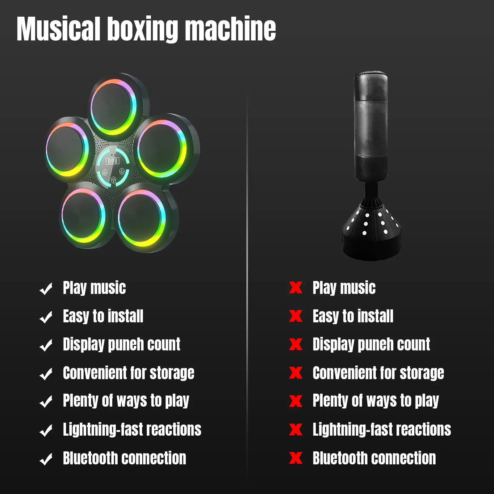 آلة الملاكمة الموسيقية الذكية، أوضاع 9 سرعات مع عداد LED، مدرب اللياقة البدنية المنزلي مع تأثيرات صوتية ديناميكية