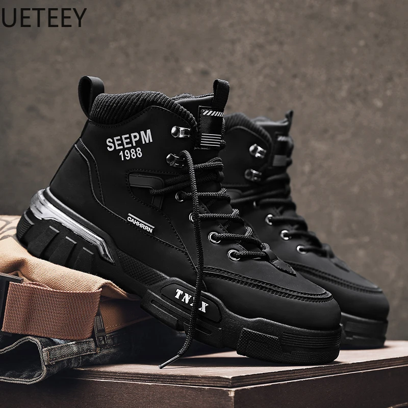 Motorcyclist Boot Winter Boots British Style Lace-up High Tops Popular Model UETEEY Thick Bottom Trendy All-match Anti-wear Shoe