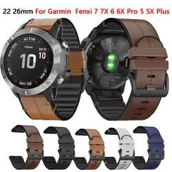 QuickFit-Bracelet de montre en cuir et silicone, bracelets de remplacement pour Garmin Fenix 7 7X 6 6X Pro 5 5XPlus Epix 2, 26mm, 22mm