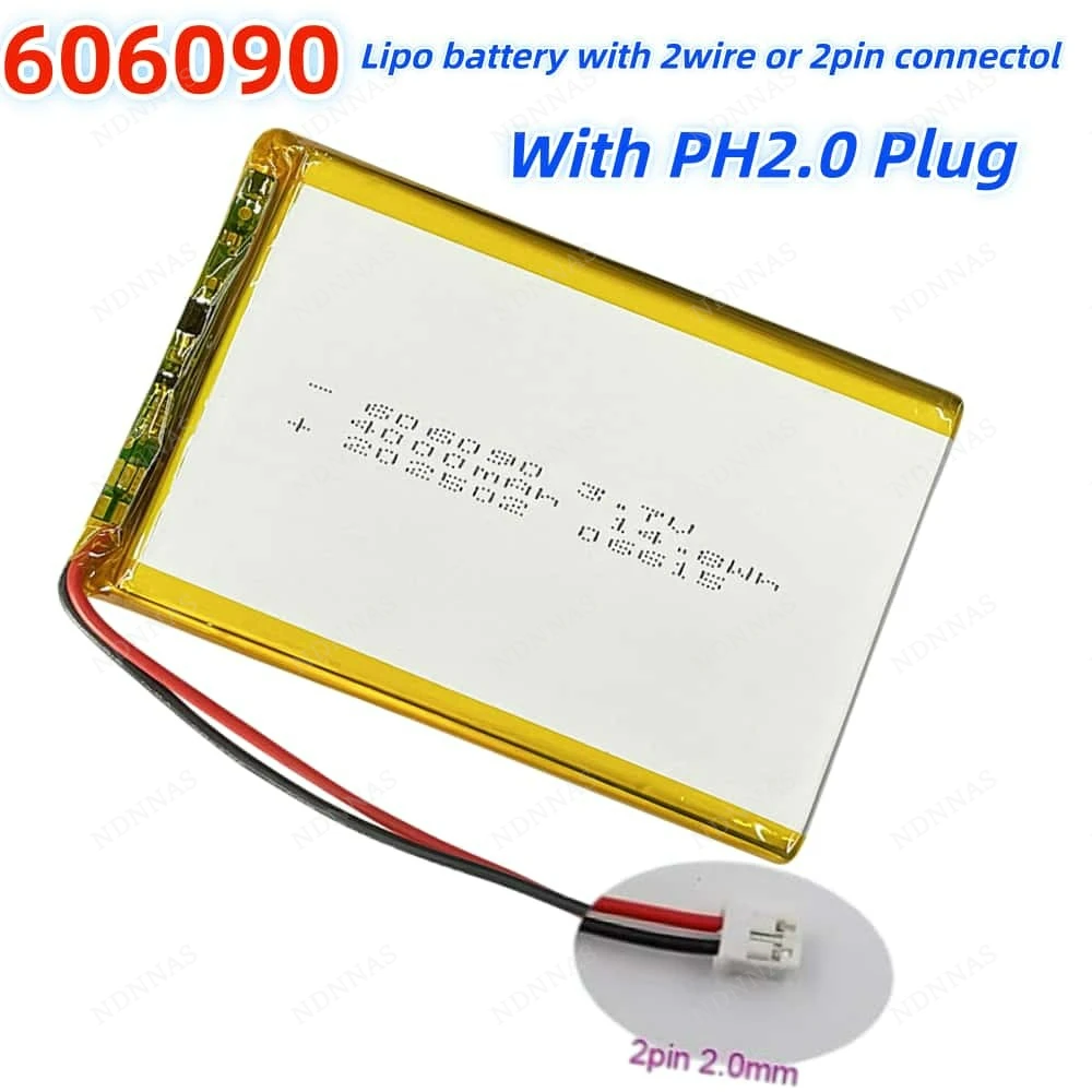 3.7V 4000mAh 14.8Wh 606090 Li-Polymer Replacement Li Lipo Battery 2Pin PH.2.0 Plug Connector For GPS Camera LED
