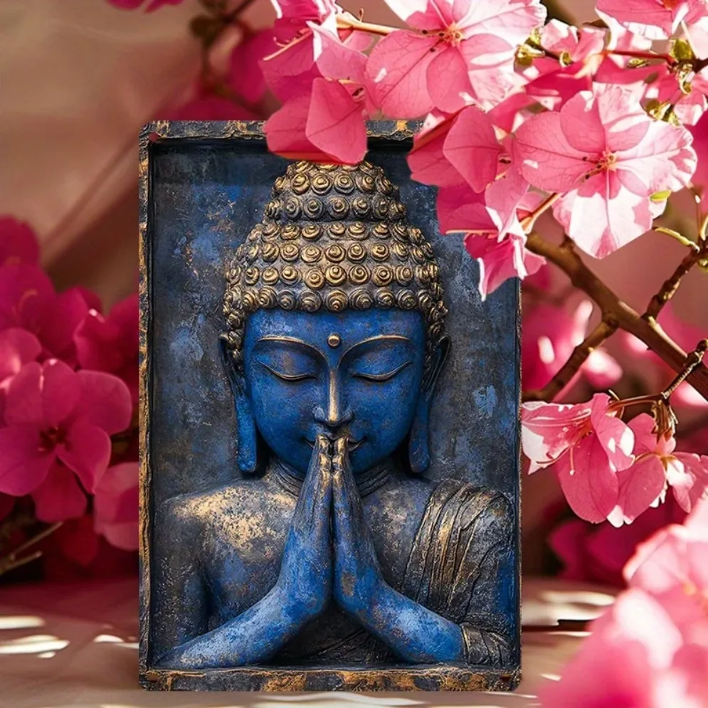 Blaue Buddha-Statue mit gefalteten Händen – Vintage-Aluminiumschild für Yacht, Wohnzimmer und Fitnessstudio-Dekoration – 20,3 x 30,5 cm