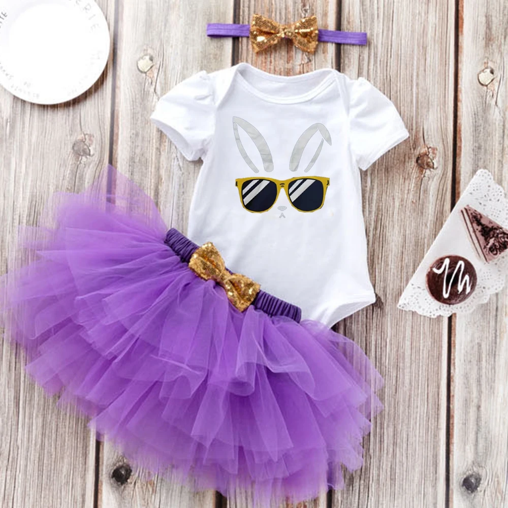 Cute Easter Shirt New Born Baby Girl Clothes Bunny Ear T Shirt Sunglasses Baby Clothes Set Newborn Funny Bodysuit