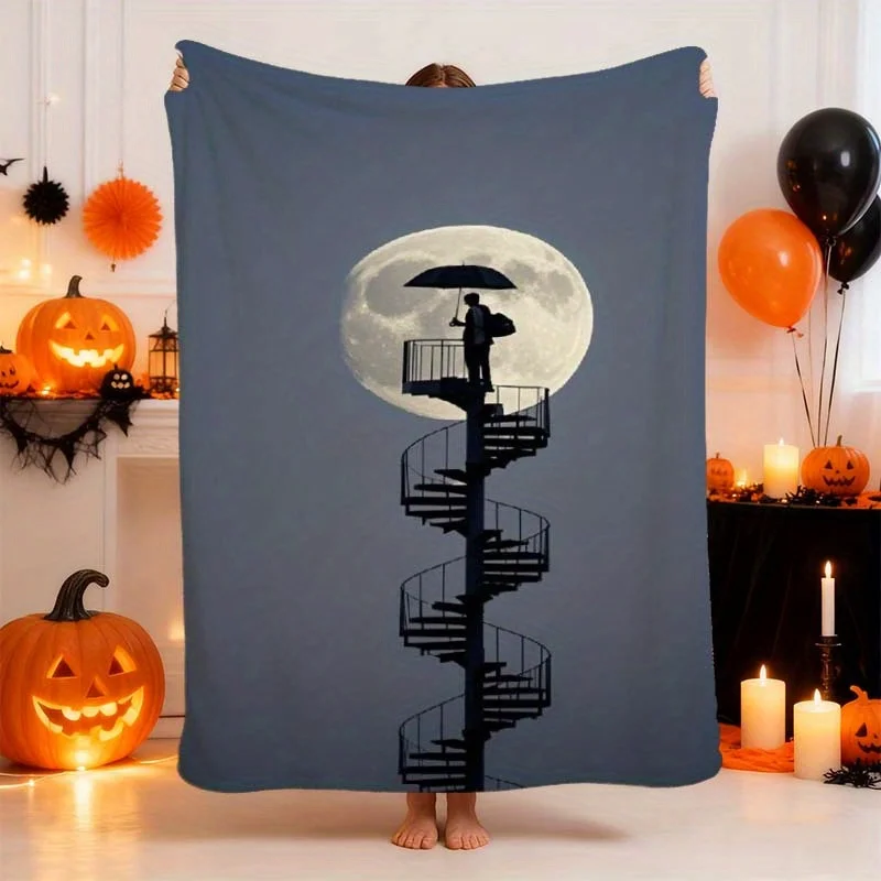 1pc Gothic Spiral Staircase Moon & Umbrella Figure Flannel Blanket - Dark Blue Black White Night Sky Star Pattern, All-Season So