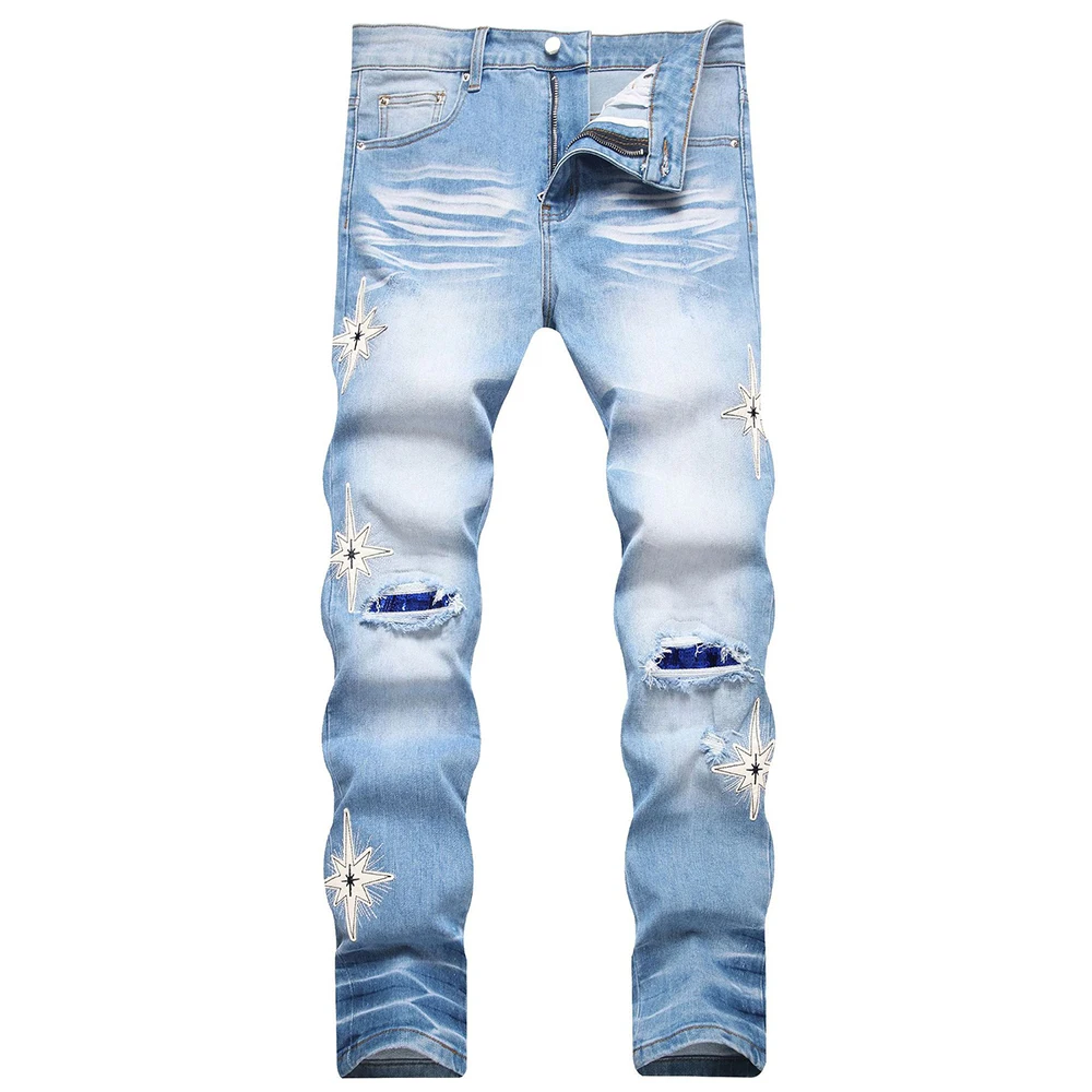 

Мужские эластичные джинсовые джинсы с блестками, рваные брюки с вышивкой и нашивками, уличная одежда, узкие зауженные брюки в стиле пэчворк