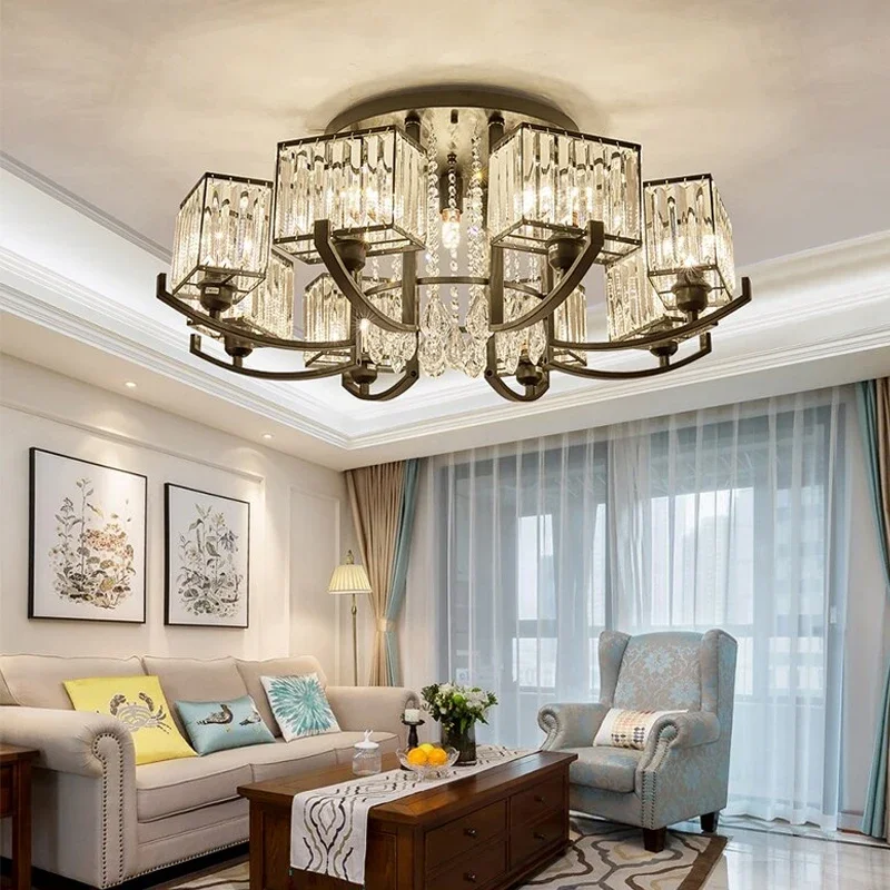 

Retro Crystal Style Design LED Chandelier For Living Room Dining Kitchen Villa Ceiling Lamp Black Iron Luxury E14 Light