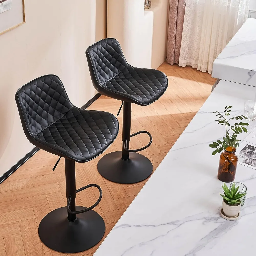 Altura ajustável Bar Stool, acolchoado Swivel Metal, alta volta Diamond Bar Stools, preto Counter Stool, conjunto de 2 couro falso